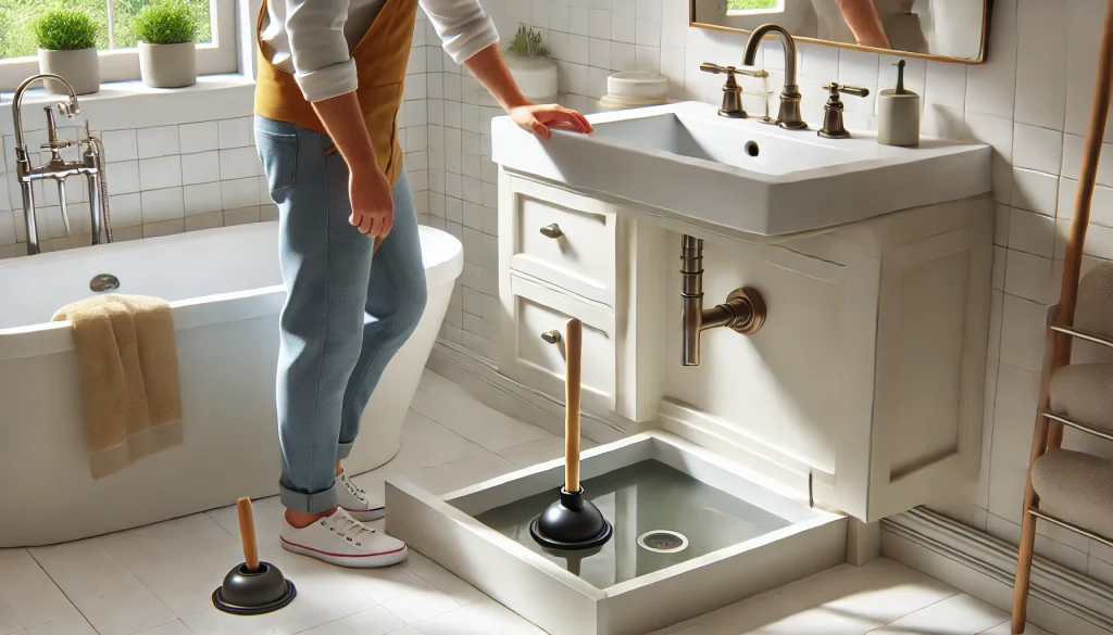 Unclogging a drain in a bathroom.