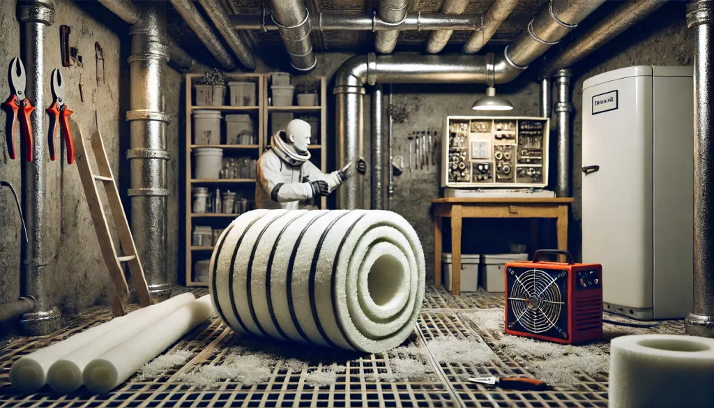 Wrapping foam insulation around pipes in a basement.
